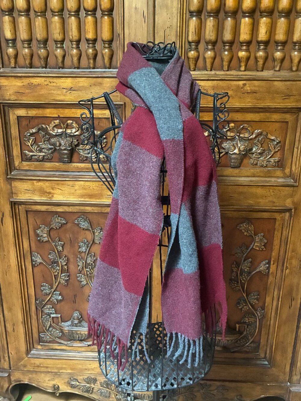 100% LAMBSWOOL Red Gray Checkered Plaid Scarf, Tasseled, Made in Italy Unisex...